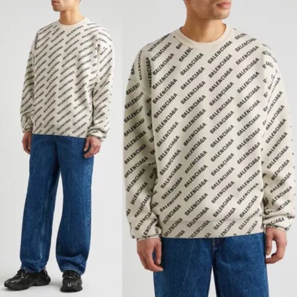 NWT BalenciagaCrewneck Knit Sweater White Cotton Wool Allover Mini Logo Sz M